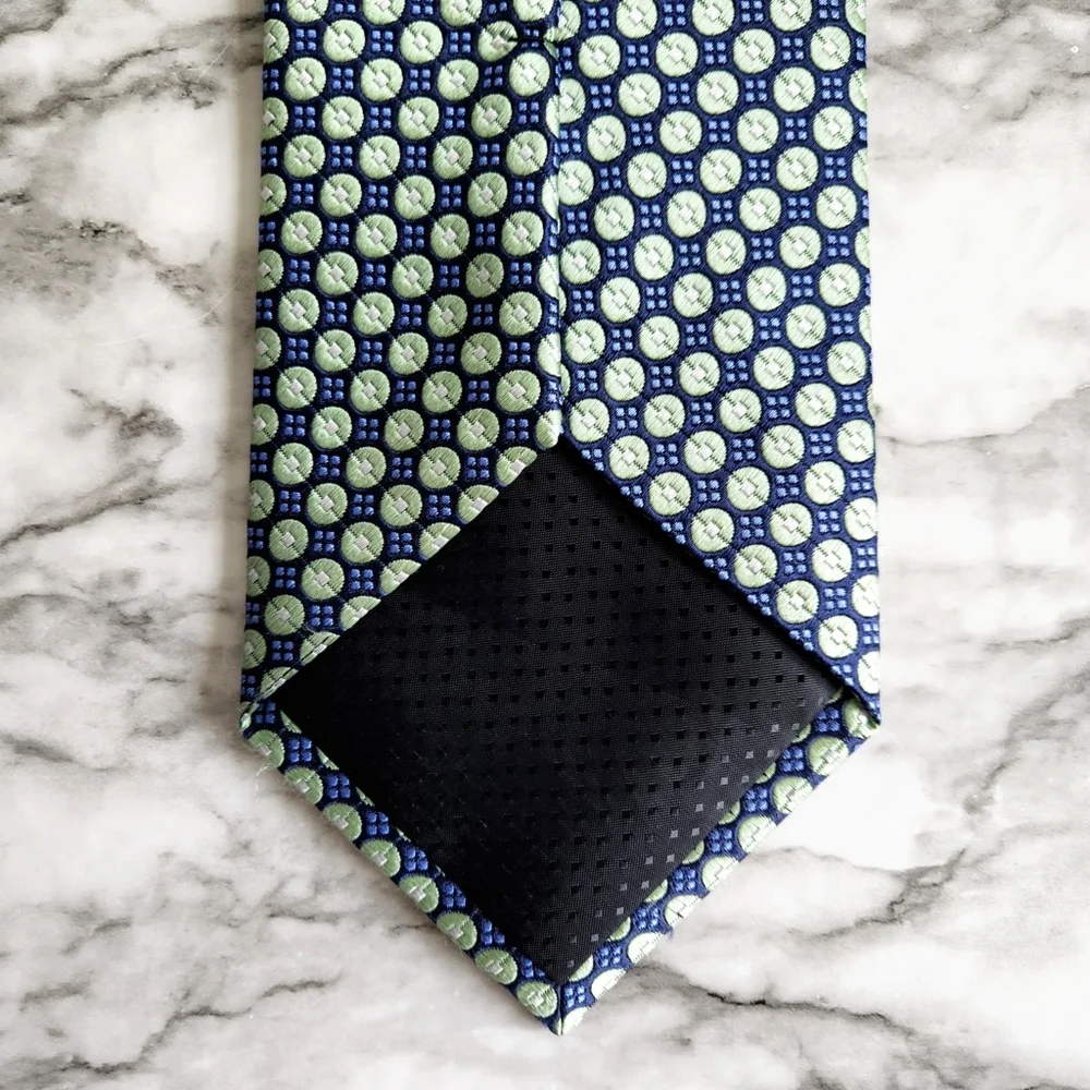 100% Silk Hand Made Mens Necktie, Green & Blue Pattern